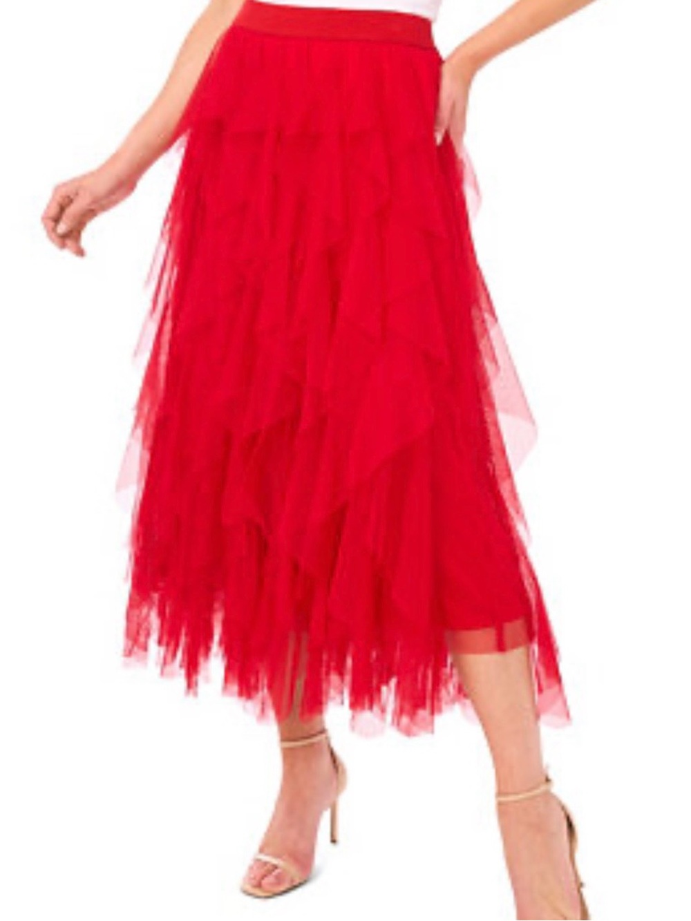 CeCe Red Tiered Tulle Midi Skirt NWT Size Medium - Picture 5 of 14